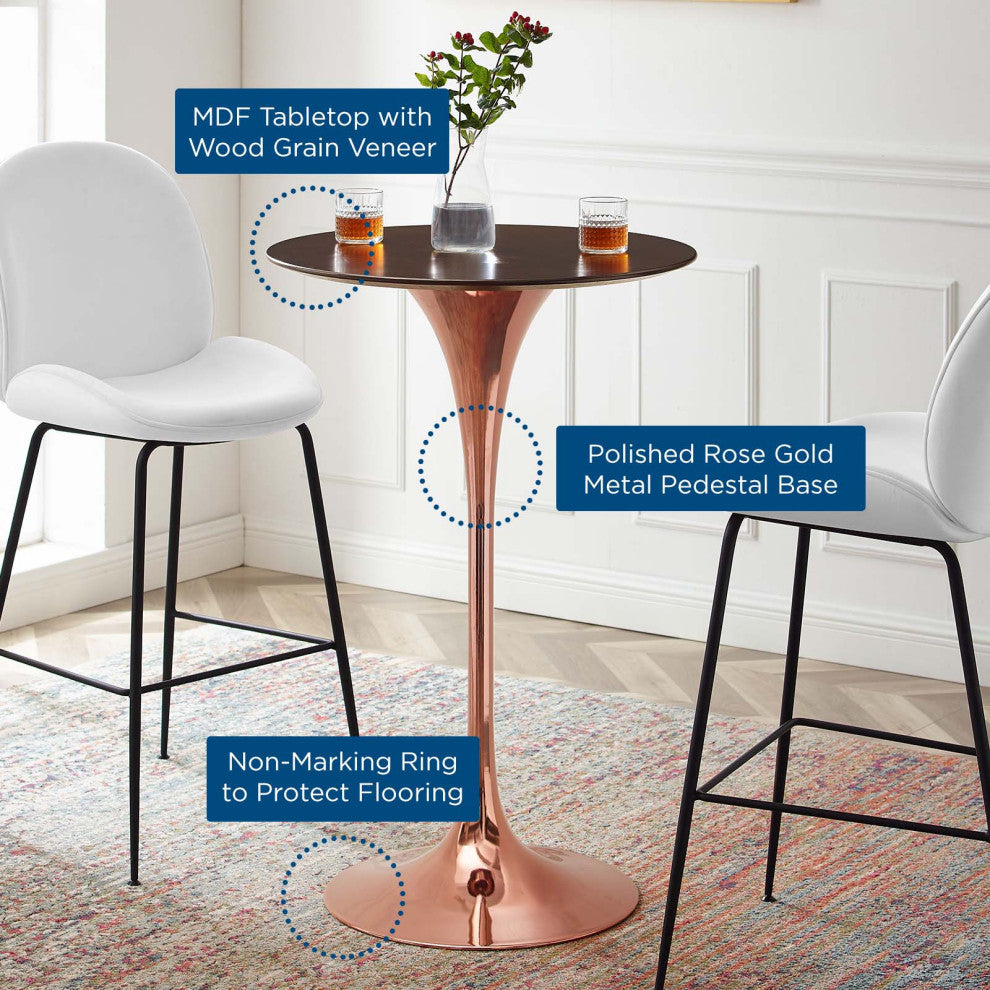 Bar Table, Round, Wood, Rose Gold Dark Brown Brown Walnut, Bar Pub Cafe Bistro