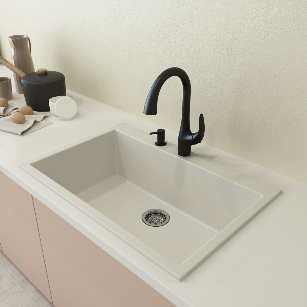 BOCCHI 1604-507-0126 Granite 33" 1 Bowl Kitchen Sink with Strainer in Milk Whit