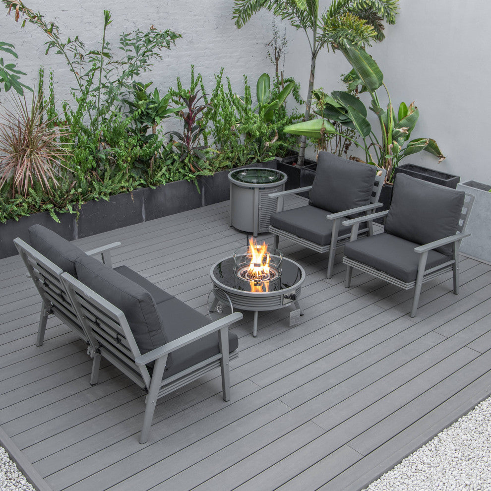 LeisureMod Walbrooke Patio Sofa Set With Round Fire Pit Table, Charcoal