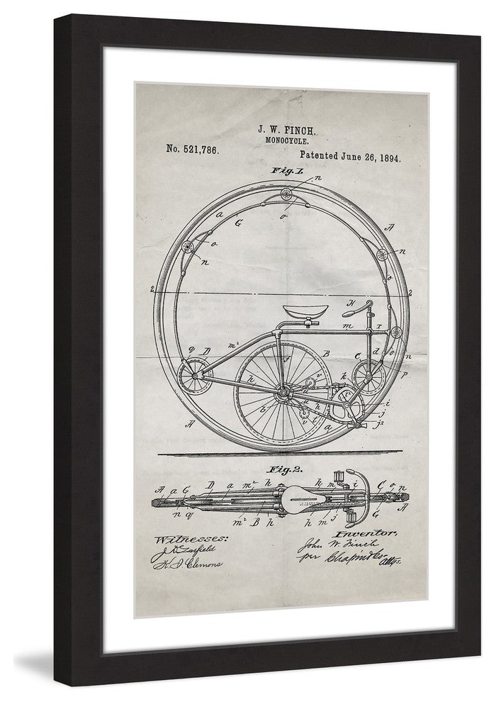 "Monocycle 1894 Old Paper" Framed Painting Print