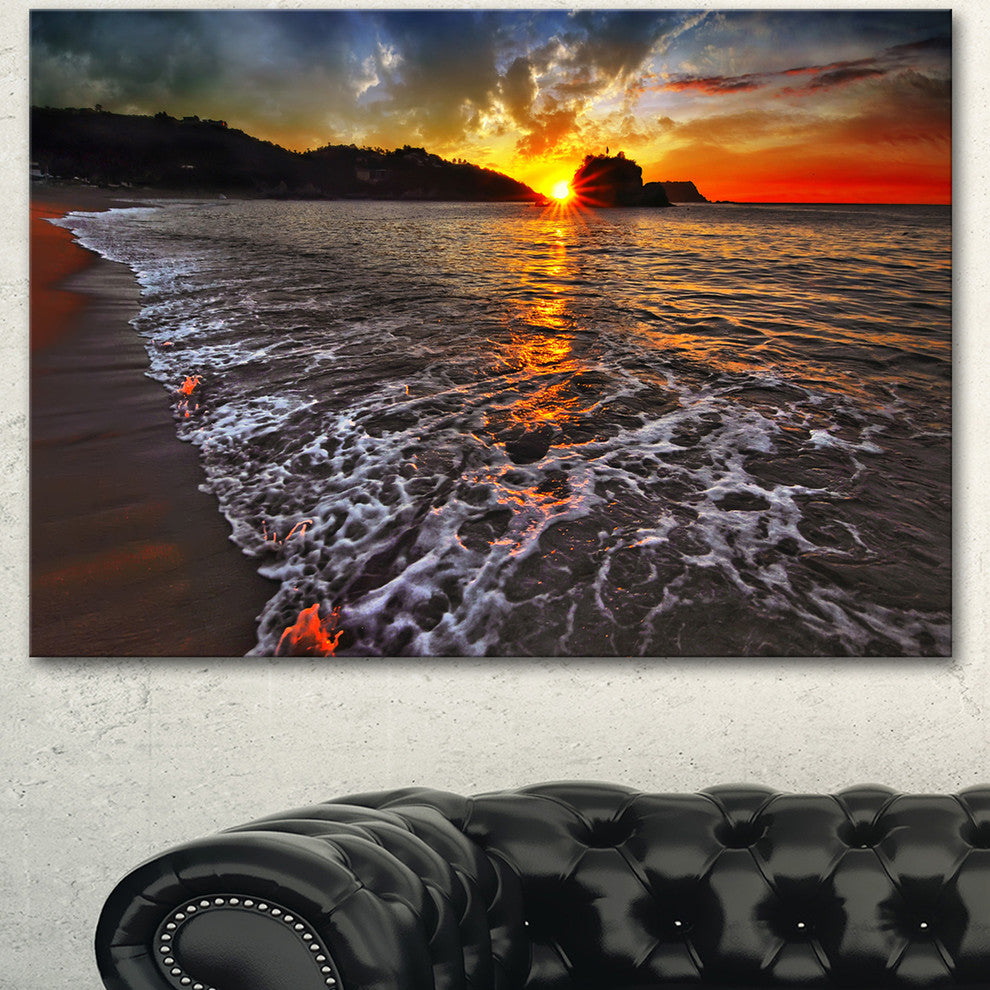 Setting Sun and White Waves, Seashore Photo Canvas Art Print, 60"x28"