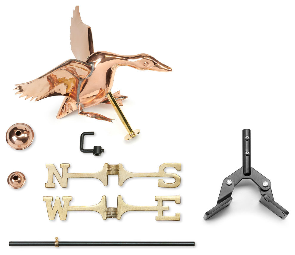Polished Copper Landing Duck Weathervane, Roof Mount