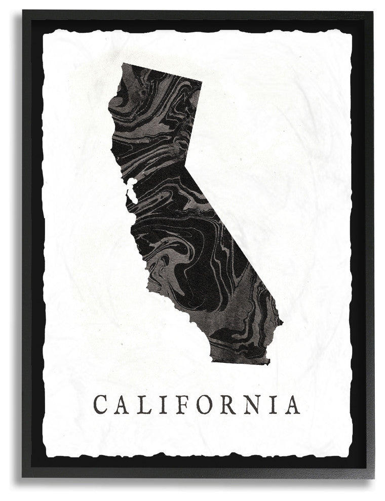 Black and Grey Marbled Paper California State Silhouette Framed Giclee, 16"x20"