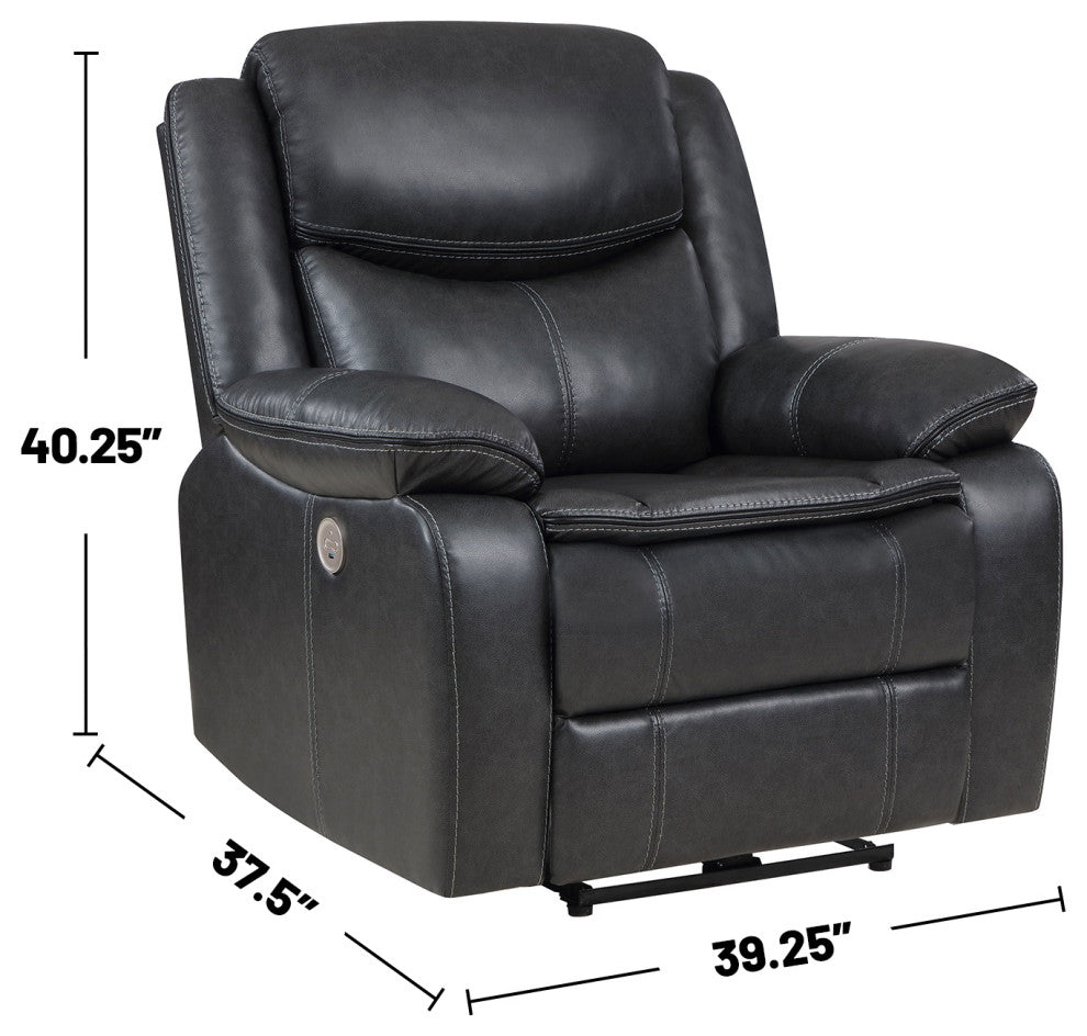 Faux Leather Power Recliner Chair With USB Port, Dark Gray