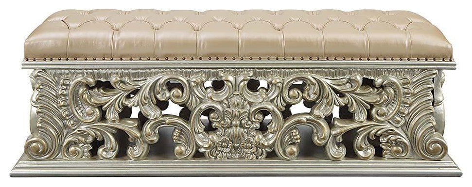 Faux Leather Upholstered Bench, Antique Gold Finish
