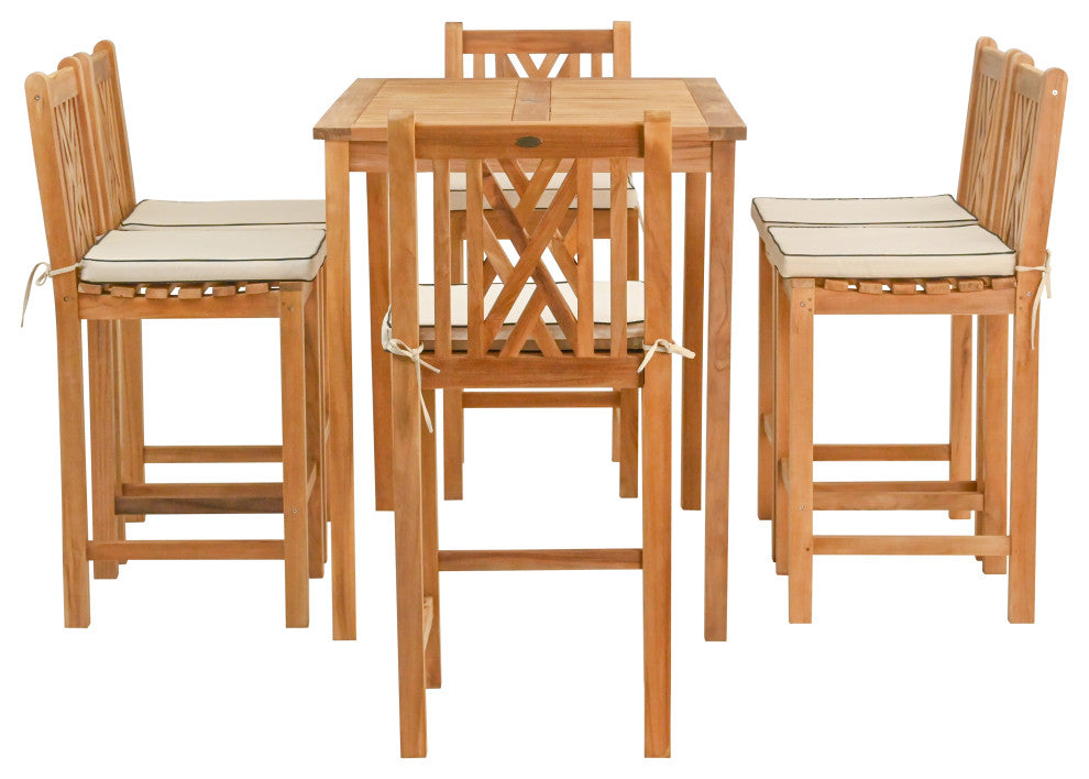 7 Piece Teak Wood Chippendale 63" Rectangular Bistro Bar Set, 6 Bar Chairs