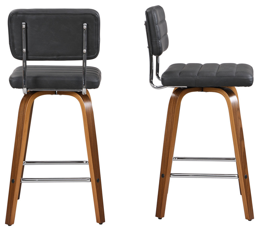 Swivel Bar Stool Leather Bar Stool, Wood Legs, Counter Height, Pu, Set of 2, Gray, 26"