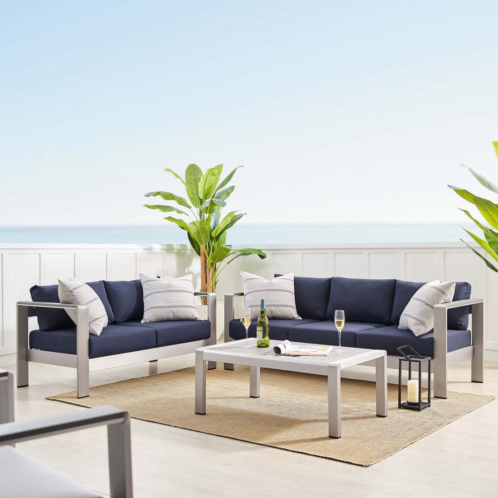 Sectional Sofa Chair Table Set, Sunbrella, Aluminum, Silver Blue Navy, Outdoor