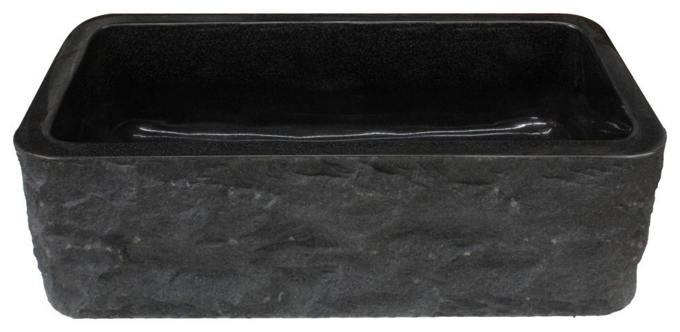 Single Bowl Kitchen Sink, Black Granite With Natural Chiseled Apron