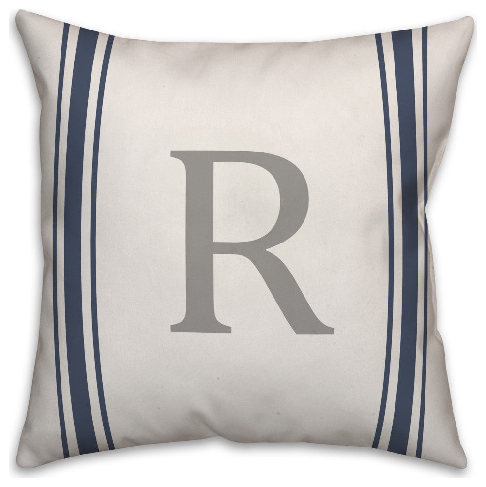 Blue Farmhouse Stripe Monogram - R 18x18 Spun Poly Pillow