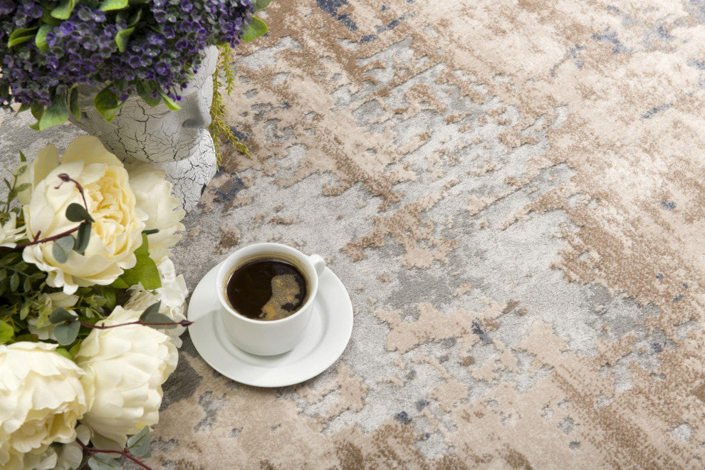 8"x11" Beige and Ivory Abstract Area Rug