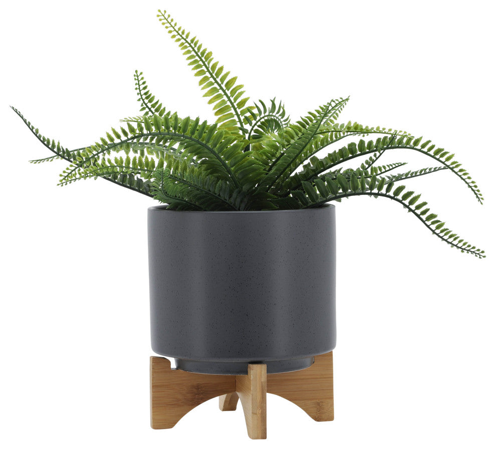 8" Planter With Wood Stand, Matte Gray