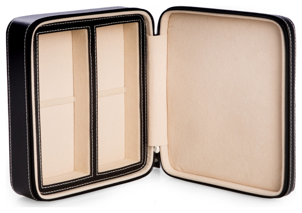 Black Leather 2 SunglassesTravel Case, Zipper Closure