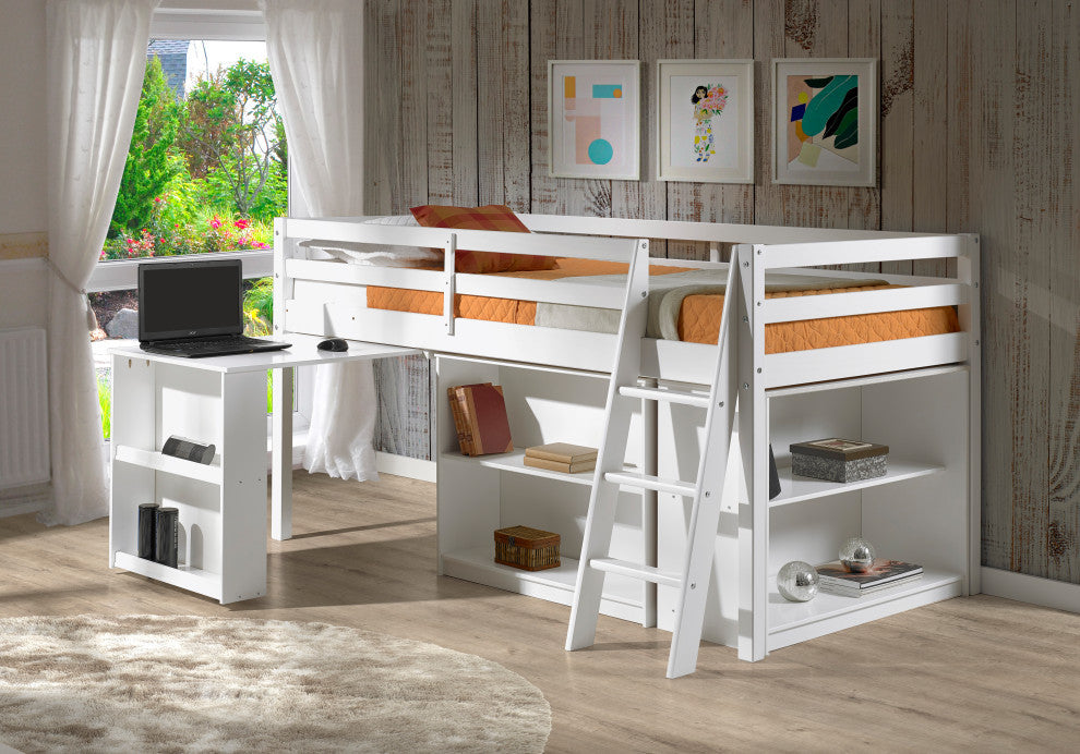 Roxy Junior Loft Bed With Storage Drawers, Bookshelf and Desk, White