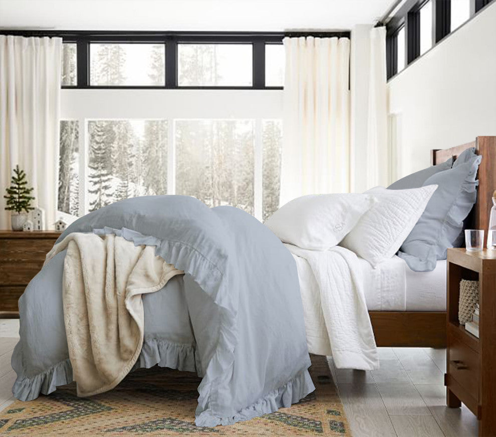Organic Cotton 300 TC GOTS Certified 8 Internal Ties Ruffled Duvet Set, Light Blue, Queen(88"x92")