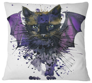 Black Cat With Blue Wings Animal Throw Pillow, 16"x16"