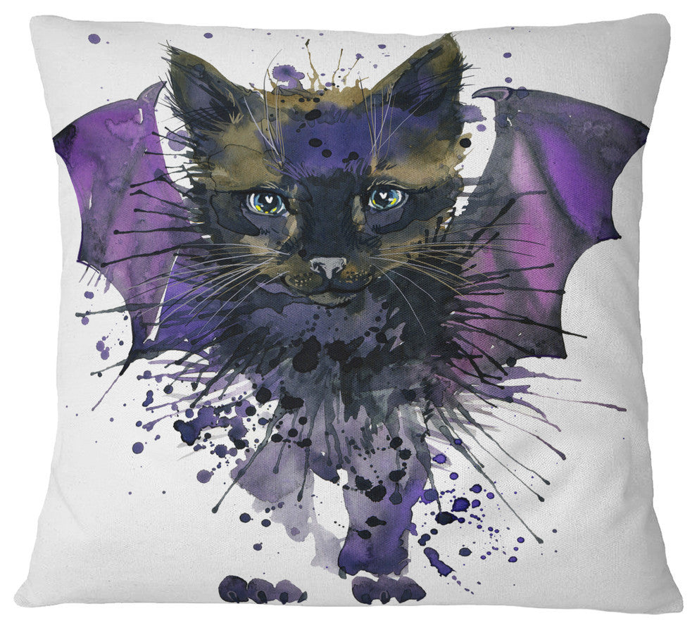 Black Cat With Blue Wings Animal Throw Pillow, 16"x16"