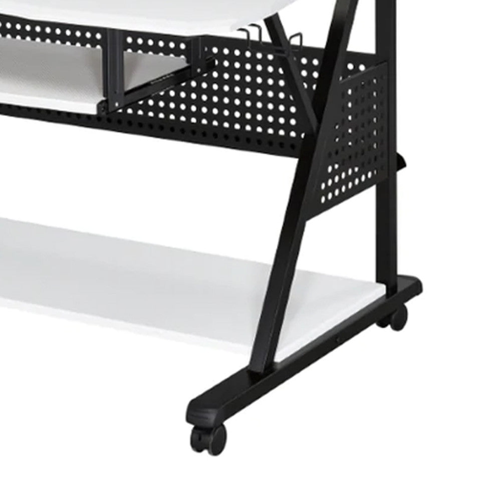 Benzara BM276207 Music Desk Workstation, Speaker Shelf, Keyboard Tray, White