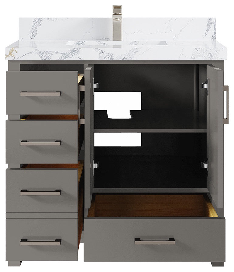 Malibu 36 Center Sink Bath Vanity in Elephant Skin Gray 2" Calacatta Poanazzo