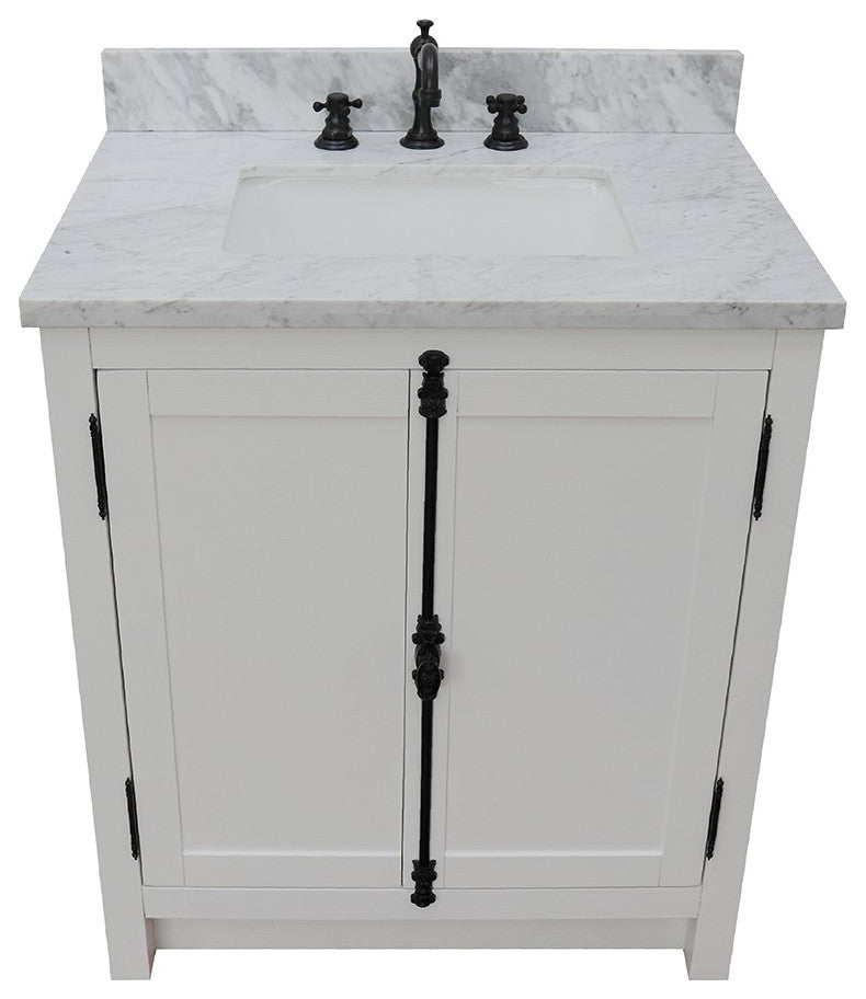 30" Single Vanity, Glacier Ash, White Carrara Top, Rectangle Sink