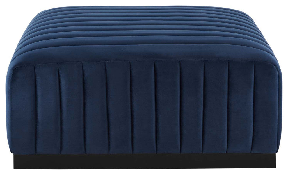 Conjure Channel Tufted Performance Velvet Ottoman, Black Midnight Blue