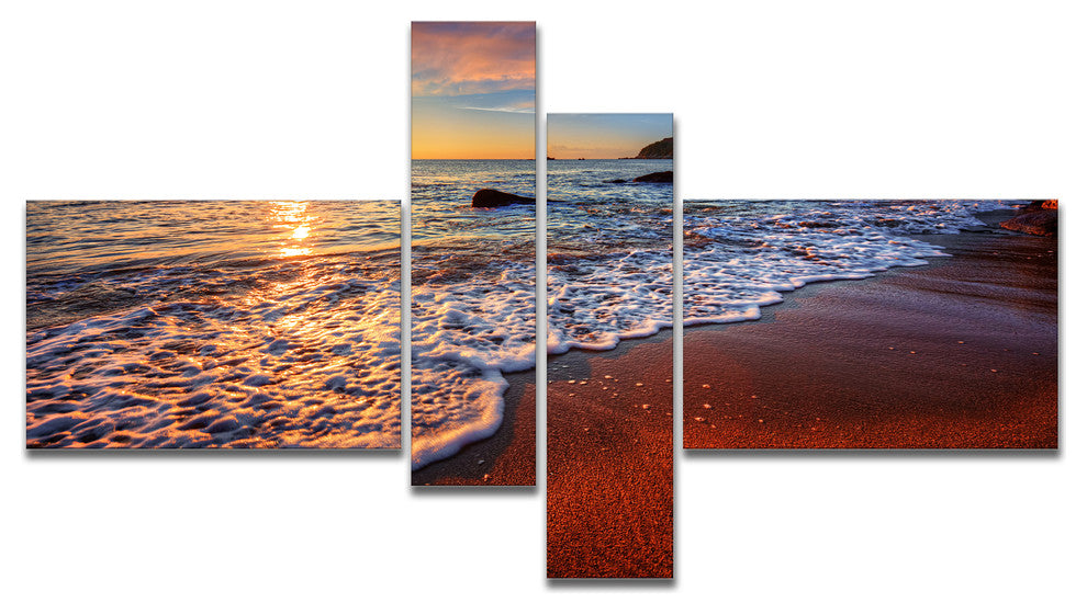 Stunning Ocean Beach at Sunset, Seashore Canvas Art Print, 60"x32", 4 panels