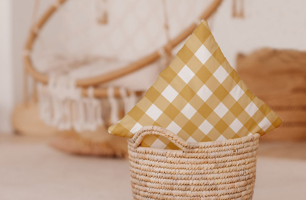 Gingham Plaid Indoor/Outdoor Throw Pillow, Golden Mustard, 18"x18"
