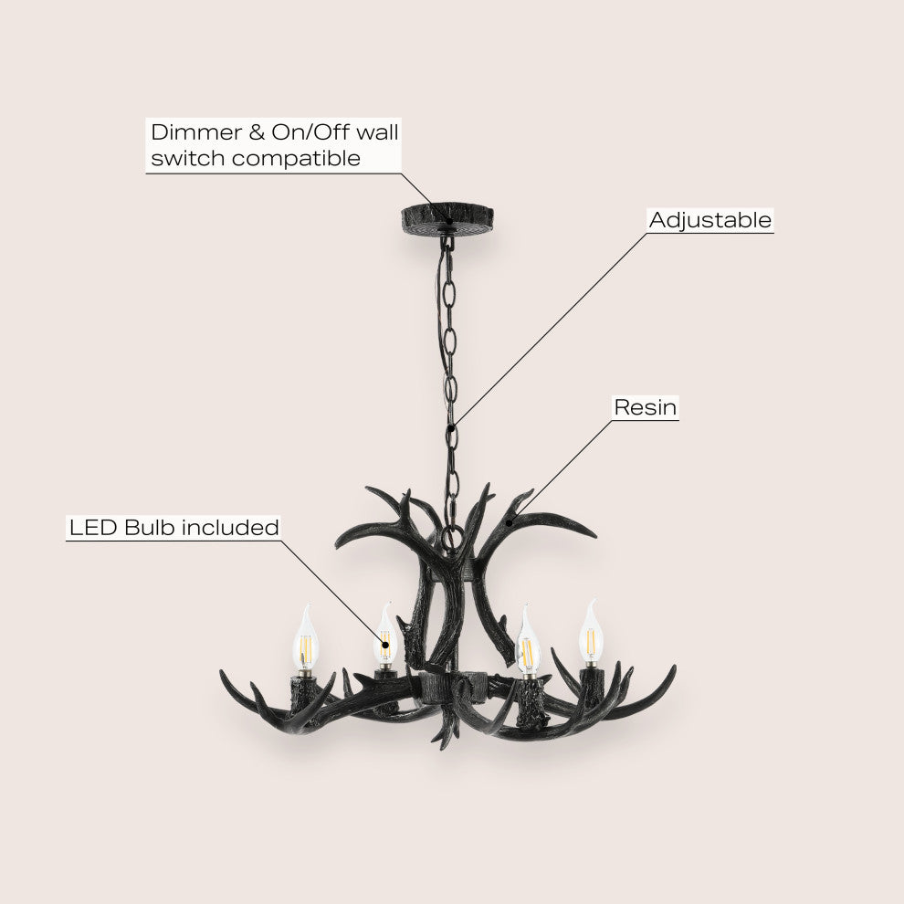Eldora 26" Adjustable Resin Antler 4-Light LED Chandelier, Black