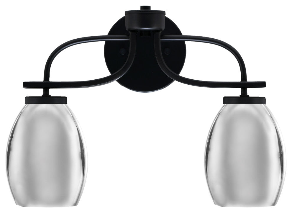 Cavella 2 Light Bath Bar In Matte Black Finish, 5" Chrome Oval Metal Shades