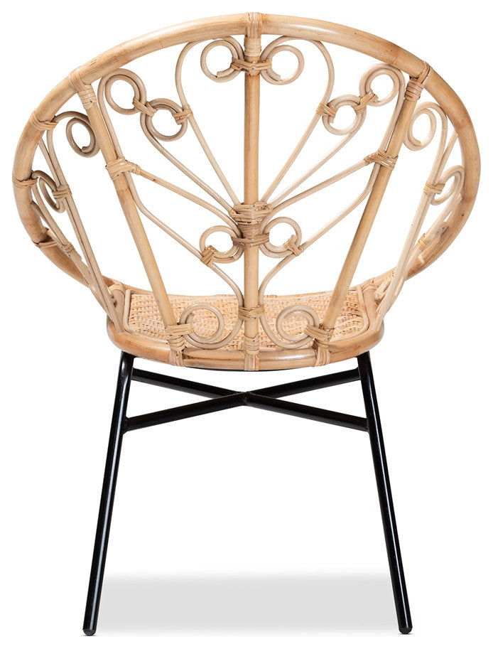 Modern Bohemian Natural Brown Rattan and Black Metal Chair, Curled Accents