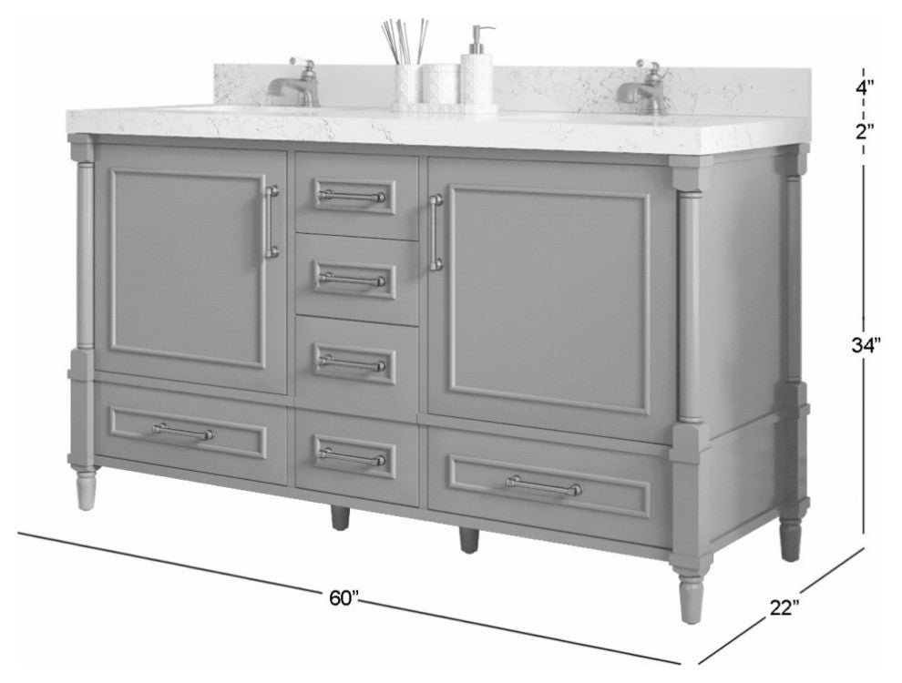 Aberdeen 60 Double Bathroom Vanity in Black Top 2" Pearl Gray