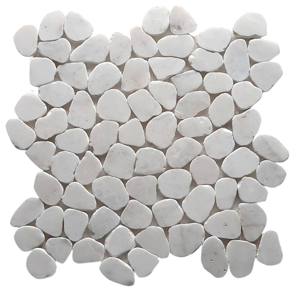 Milky white small round sliced pebble tile 12x12 dimensions