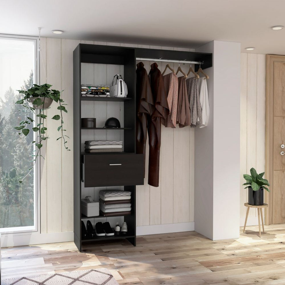 Hybrid 150 Closet System with 5 Open Shelves, 1 Drawer, and Metal Rod, Black