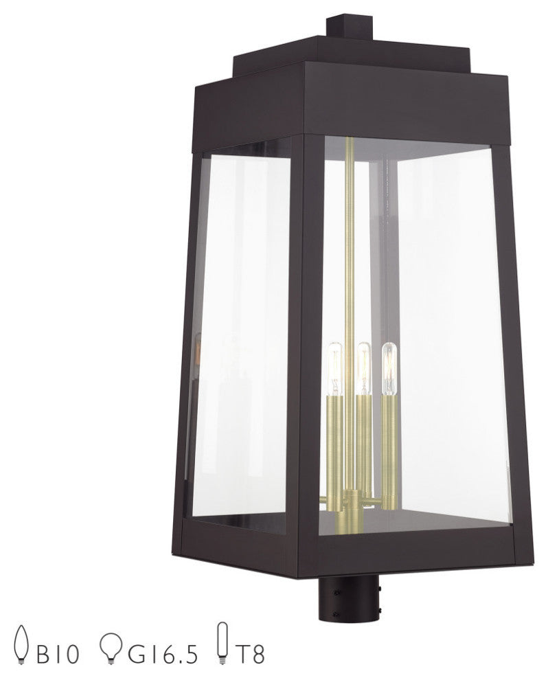 Oslo 4-Light Bronze Outdoor Extra Large Post Top Lantern with Antique Brass
