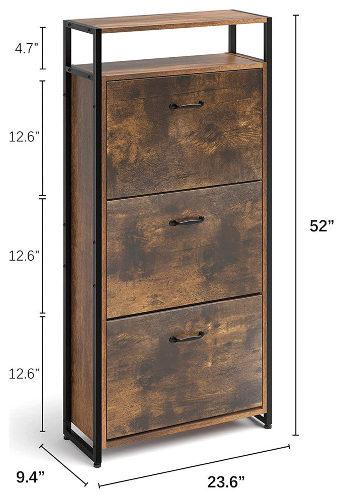 3 Drawer Industrial Shoe Cabinet with Flip Doors and Open Storage Shelf