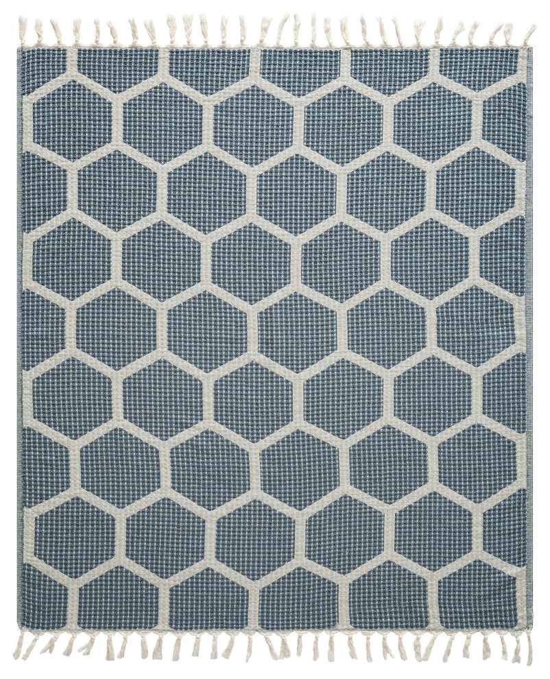 Blue/ Cream Geometric Turkish Organic Cotton Throw Blanket, Blue