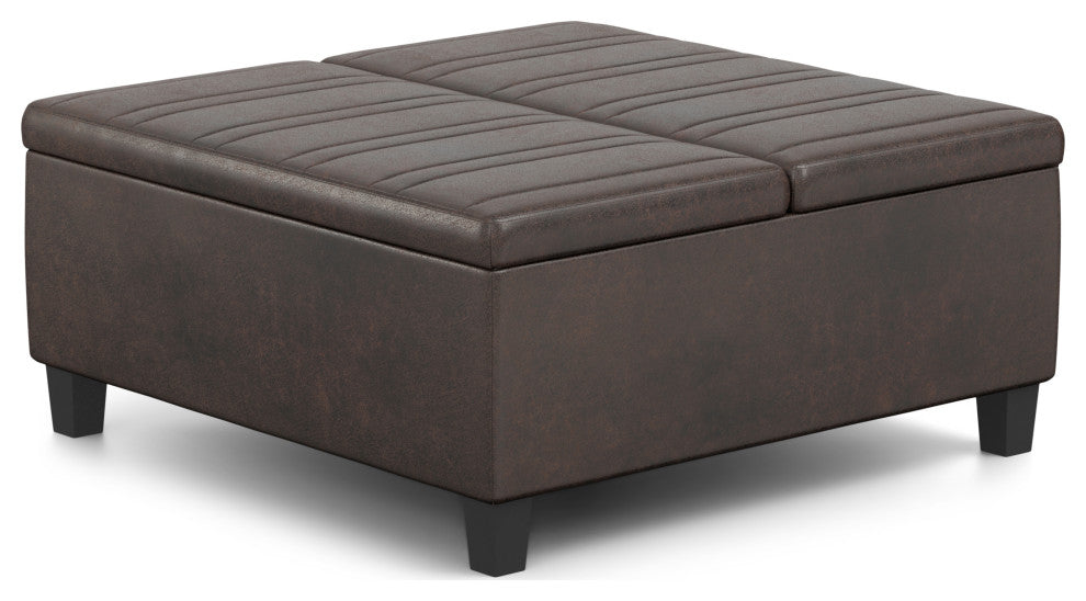 Ellis Coffee Table Storage Ottoman, Distressed Brown Vegan Faux Leather