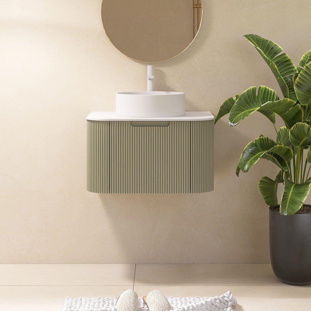 Wall-Mounted Bathroom Vanity With White Round Ceramic Basin, Light Green, 24"