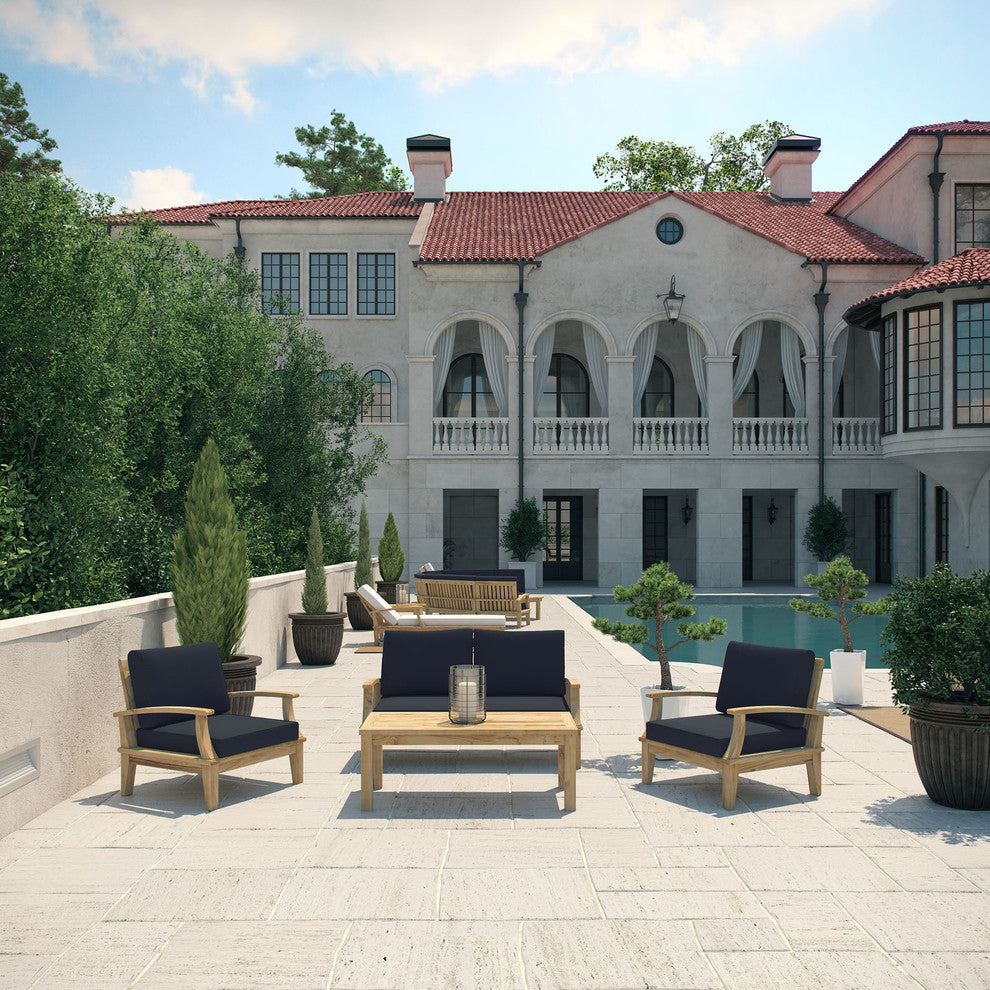 Modern Urban Outdoor Patio Rattan and Wicker 4-Piece SetSofa Set Natural Navy