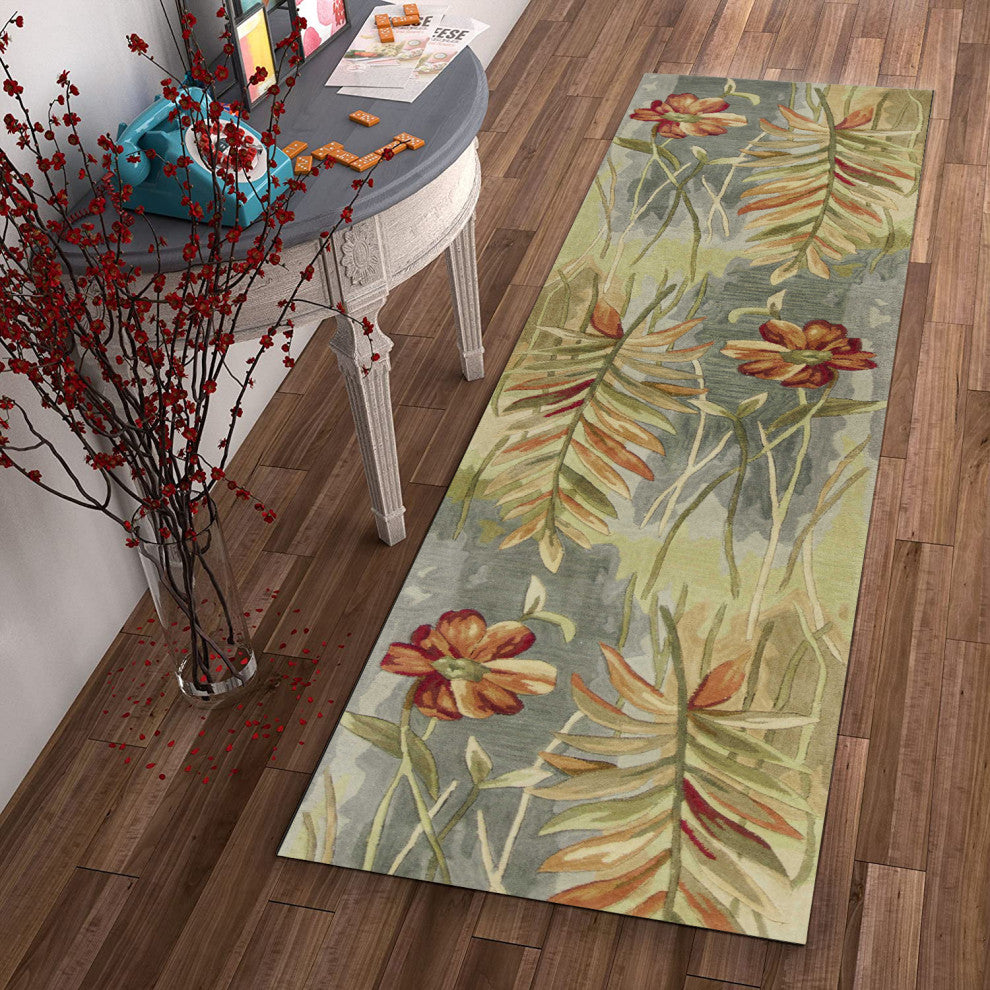 HomeRoots 10' Green Blue Hand Tufted Tropical Plants Indoor Runner Rug
