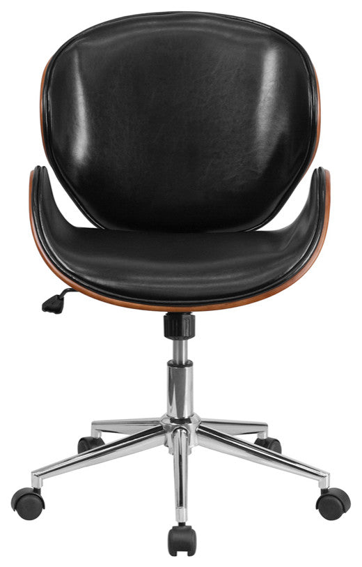 Mid-Back Walnut Wood Swivel Conference Chair in Black Leather