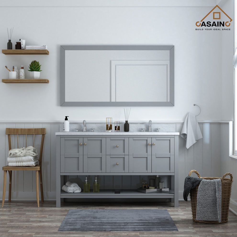 CASAINC 60" Marble Top Luxury Double Sink Bathroom Vanity, Gray
