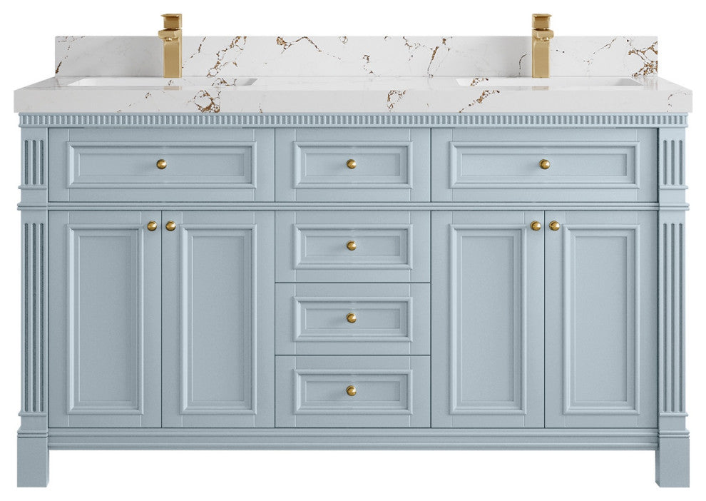Paris 60" Double Sink Bathroom Vanity, Blue Heather 2" Viola Brown