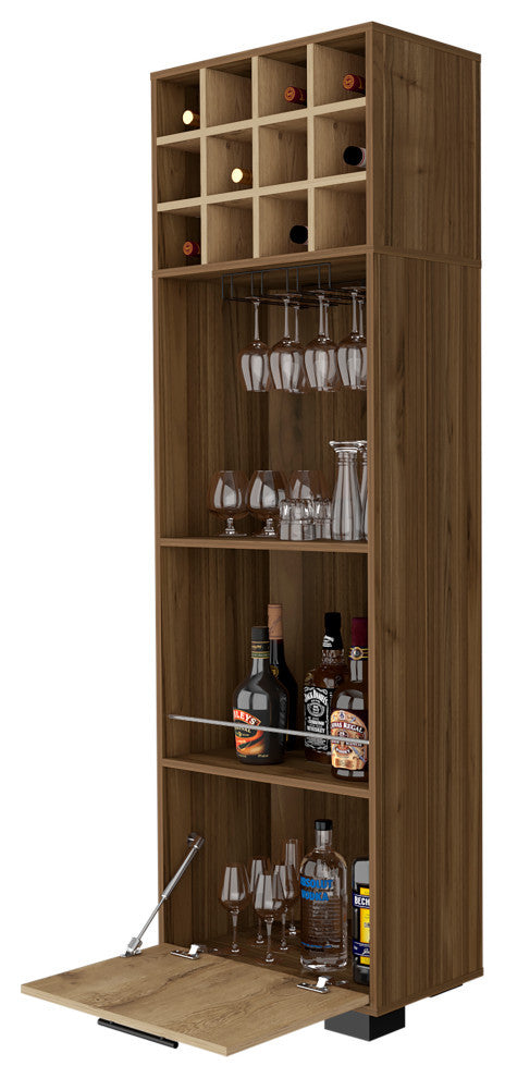 Aubree Corner Bar Cabinet with 12 Wine Cubbies, Mahogany/ Macadamia