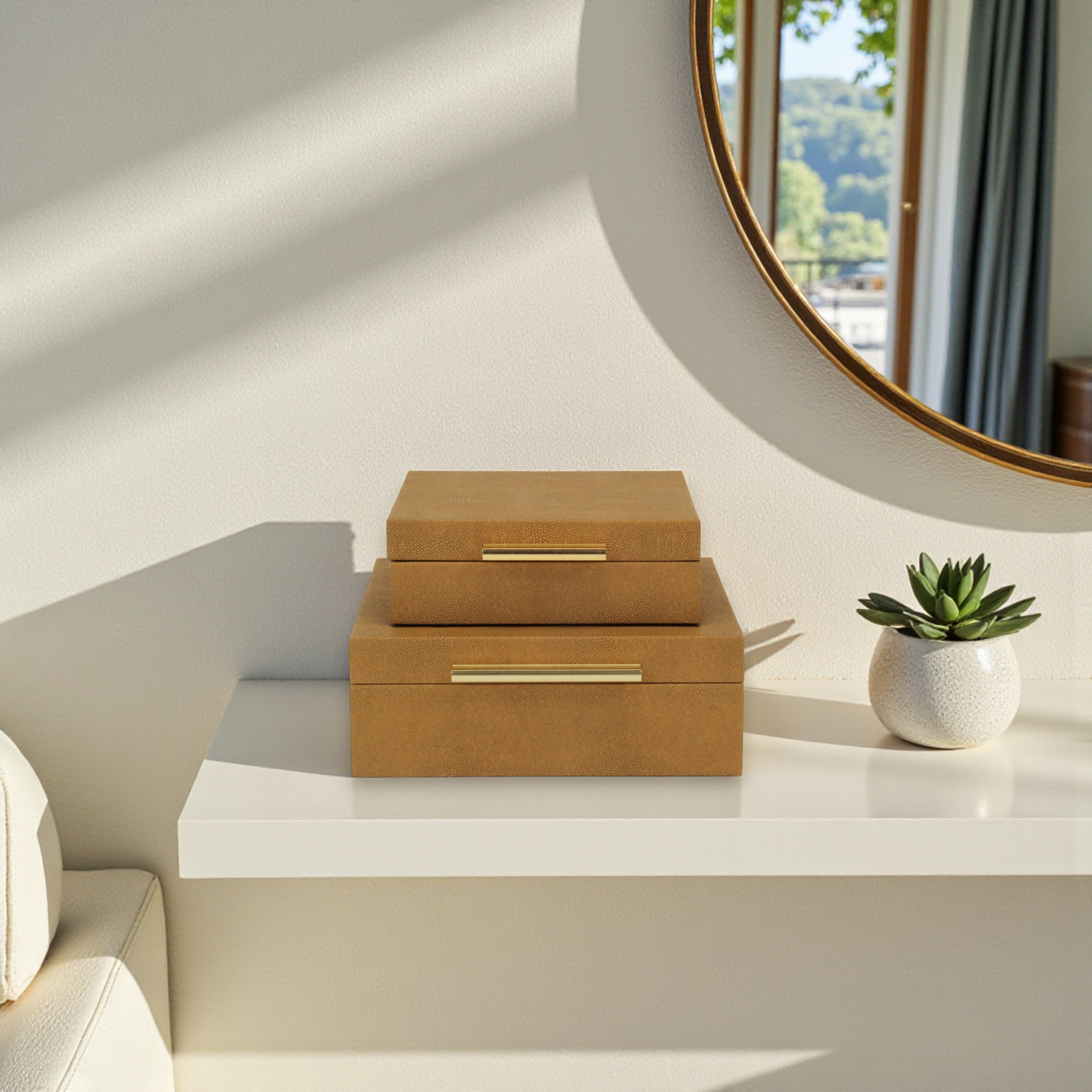 Lusan Square Decorative Box Set, Camel Brown Faux Shagreen