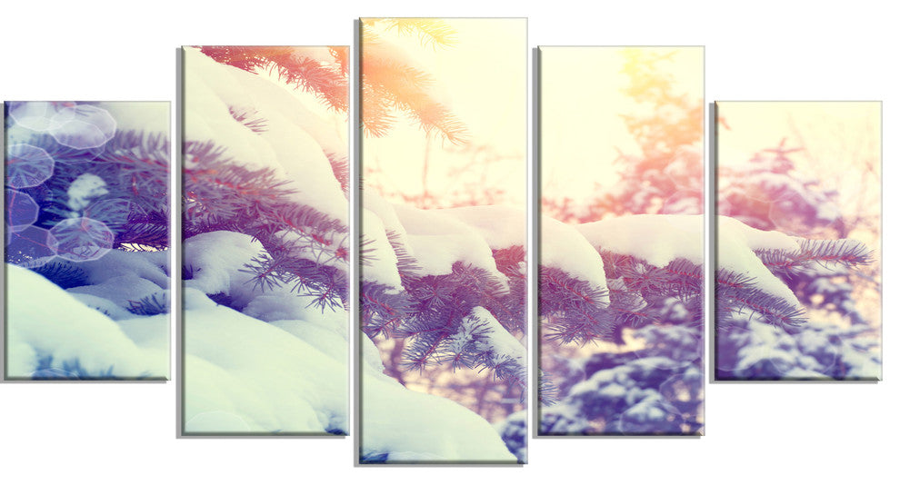 Winter Pine Trees in Mountains, Large Landscape Canvas Art, 60"x32", 5 Panels