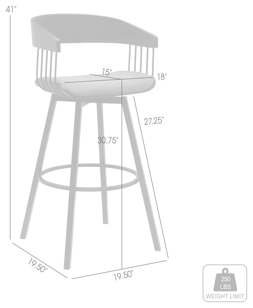 Athena 31" Swivel Black Wood Bar Stool, Blue Fabric With Black Metal