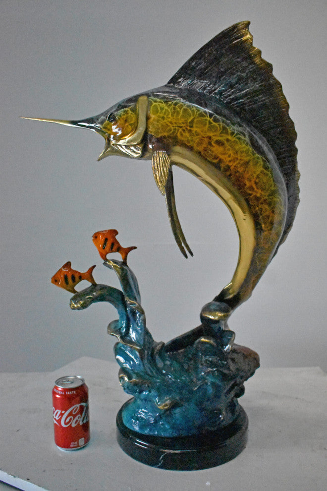 Swordfish with Two Small fish Bronze Statue on Marble - Size: 21"L x 13"W x 28