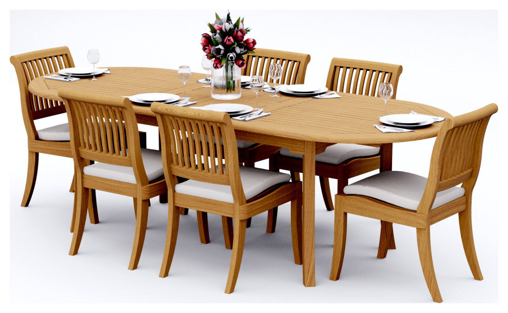 7-Piece Teak Dining Set, 94" Ext Oval Table, 6 Arbor Stacking Armless Chairs