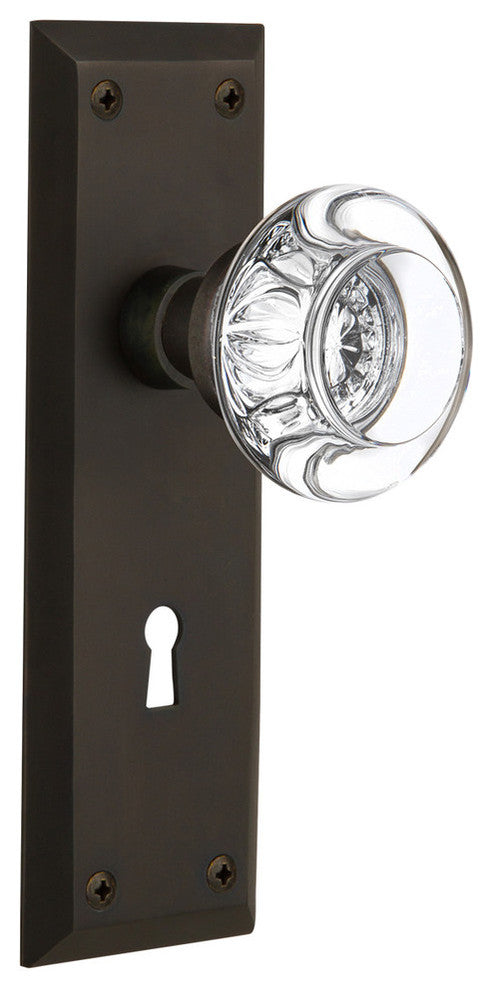 New York Plate Privacy Round Clear Crystal Glass Knob, Oil Rubbed Bronze